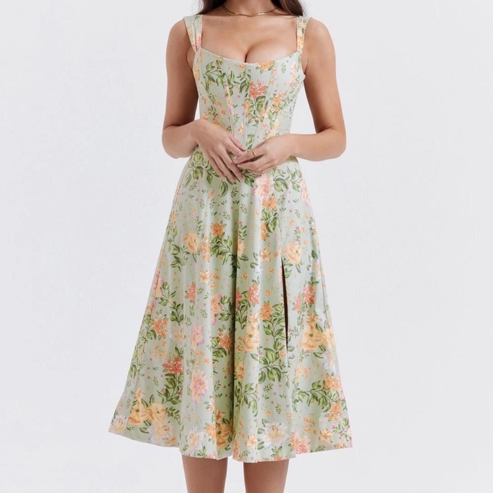 House of CB Floral Midi Dress - Green and Pink